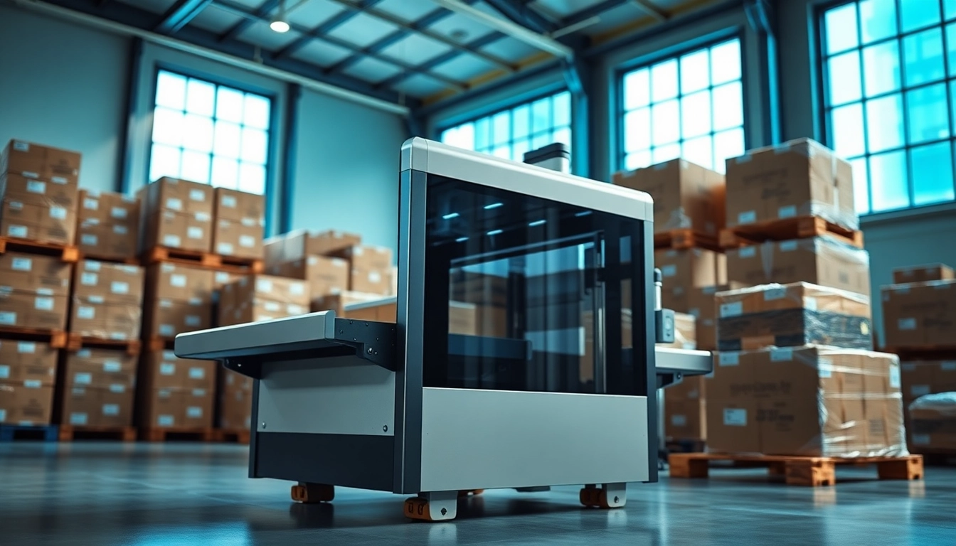 Pallet shrink wrap machine efficiently wrapping products in a busy warehouse environment.