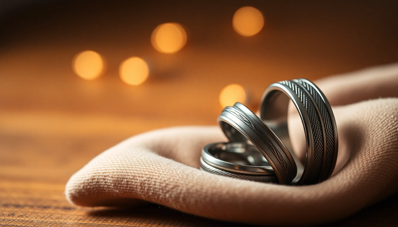 Explore stunning tungsten wedding bands displayed elegantly on soft velvet, highlighting their exquisite textures.
