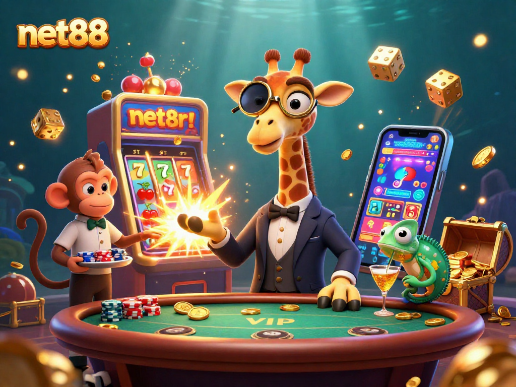 Experience net88's vibrant casino scene with giraffe high-roller, monkey valet, and chameleon bartender.