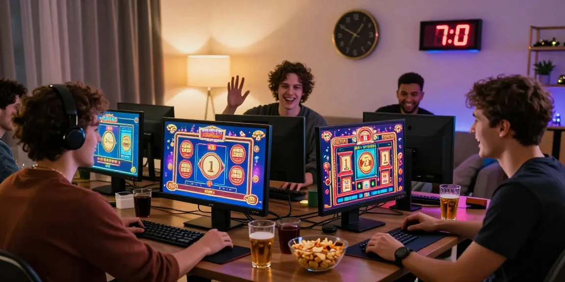 Expérience de jeu communale excitante lors d'une fête de casino en ligne avec des amis et des affichages vibrants.