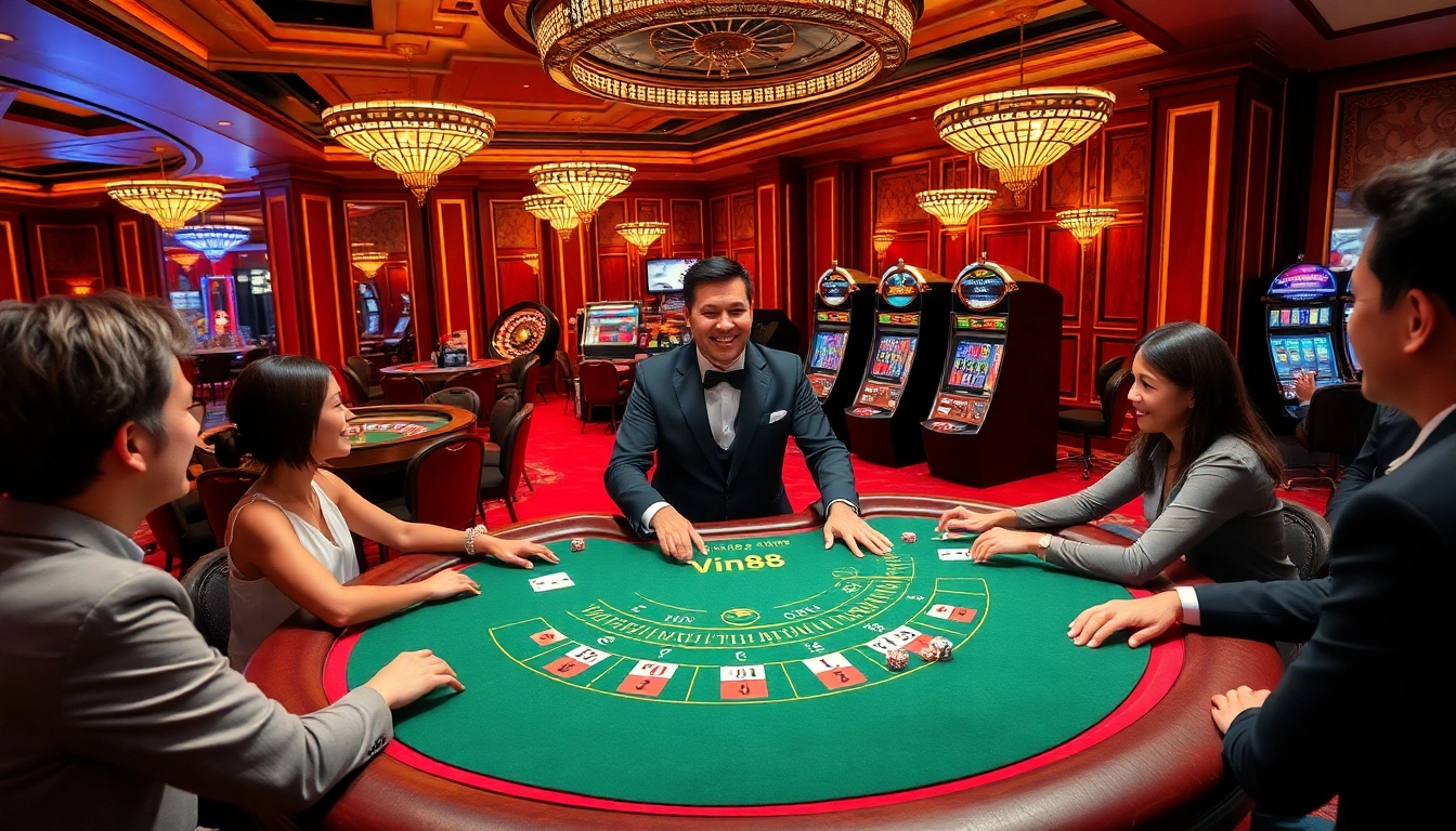 Players enjoying blackjack at vin88 nhà cái with a vibrant casino atmosphere.