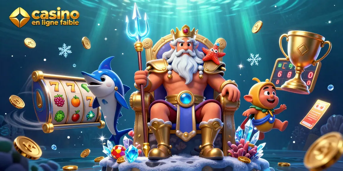 Jouer aux jeux de casino en ligne fiable dans une illustration dynamique avec Neptune et des éléments de machine à sous.