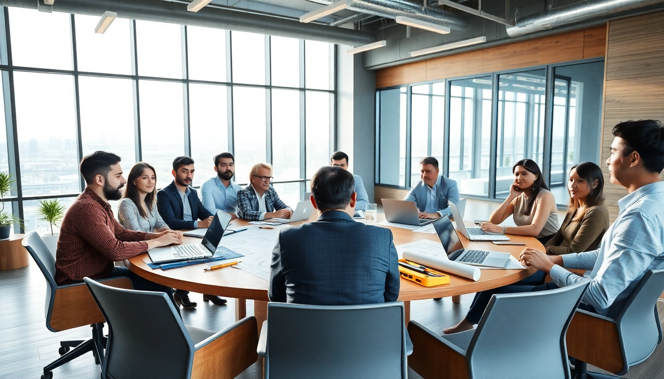 Illustration of a collaborative construction association meeting demonstrating teamwork and innovation.