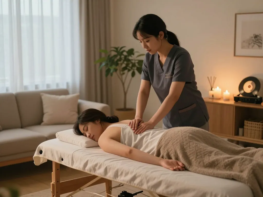 부천 출장마사지 session in a cozy home setting with calming ambiance.