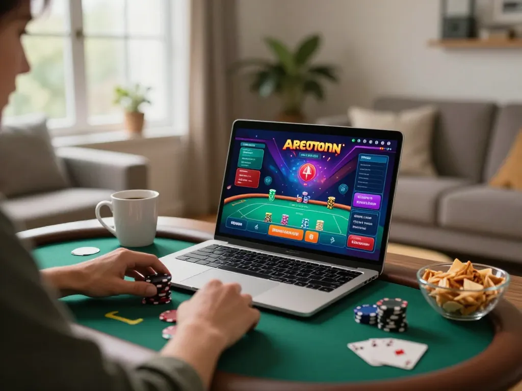 Engaging online poker gameplay at home with rik88 xyz on a laptop, inviting atmosphere, and responsible gaming.