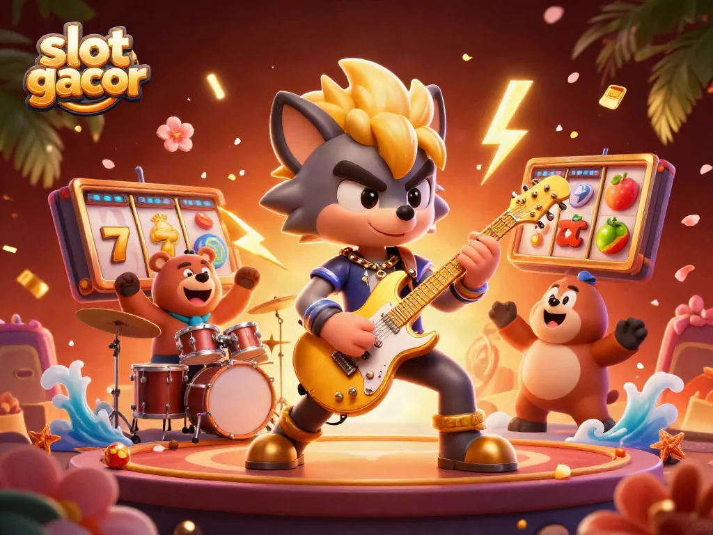 Gambaran penuh warna dengan karakter slot gacor beraksi dengan jackpot, memberikan pengalaman bermain kasino yang seru.