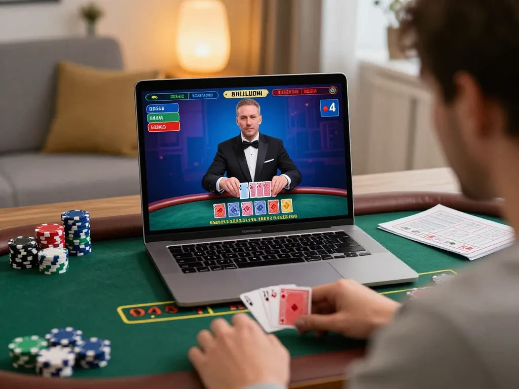 S666 player engaging in live dealer blackjack online, showcasing strategic gameplay at home