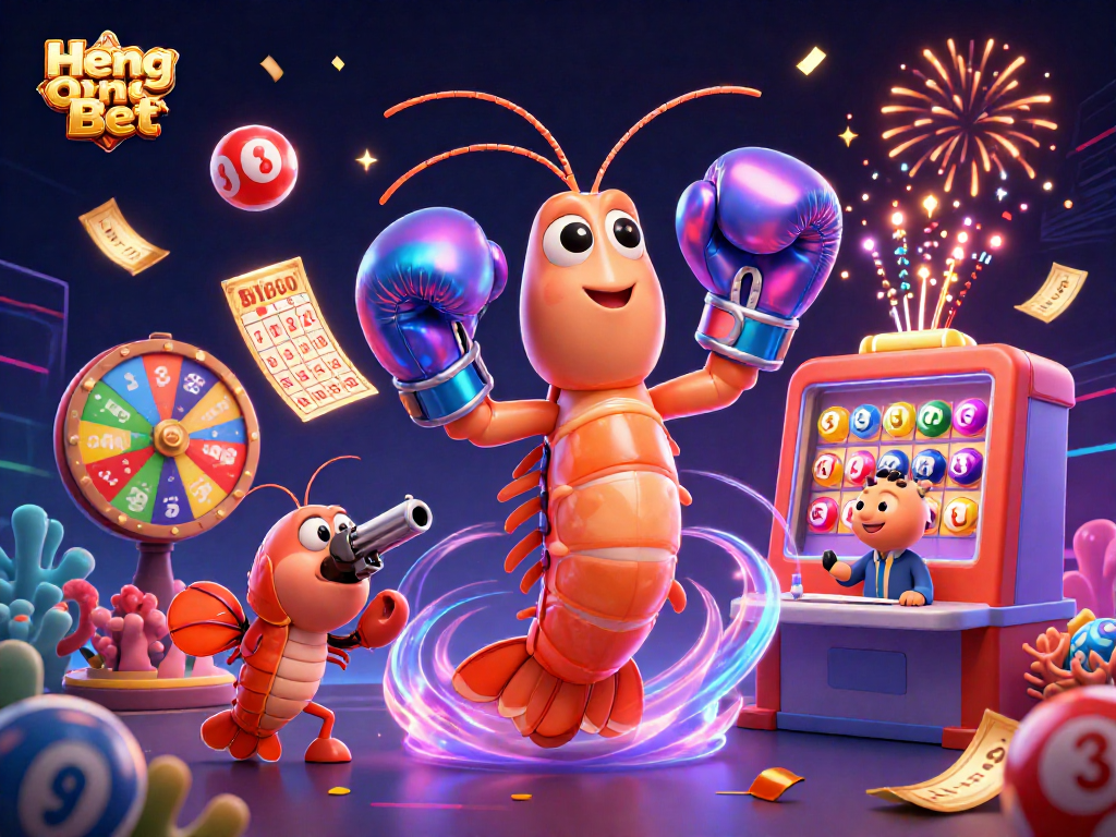 Engage in thrilling wins with Heng Ong Bet while vibrant colorful lottery elements surround dynamic characters.