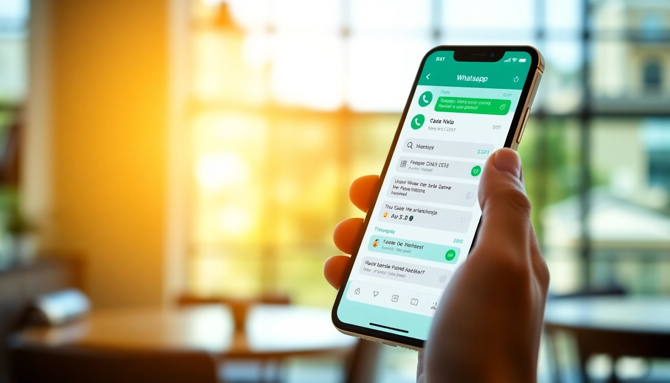 FM WhatsApp app interface displayed on a smartphone in a cozy café setting.