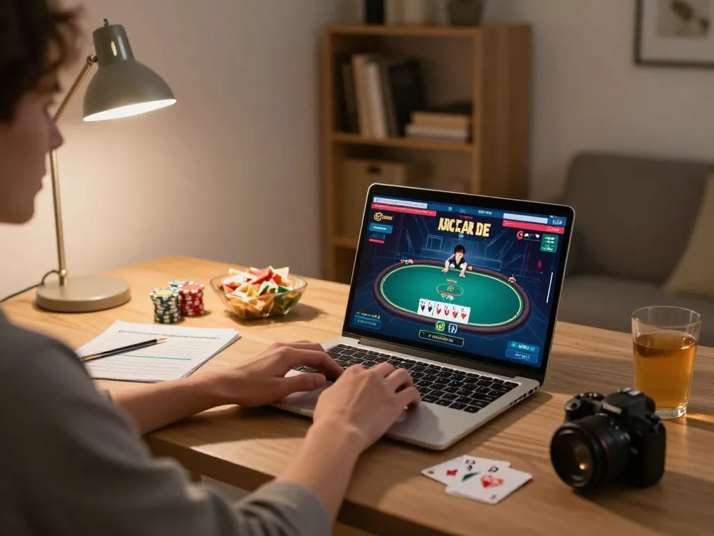 Player engaged at sites not on gamstop using a laptop for thrilling online poker.