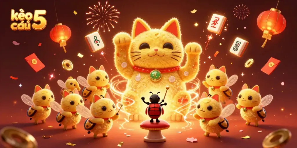 Engage with kèo nhà cái 5 visuals showcasing dynamic casino symbols animated by a lucky cat formation.