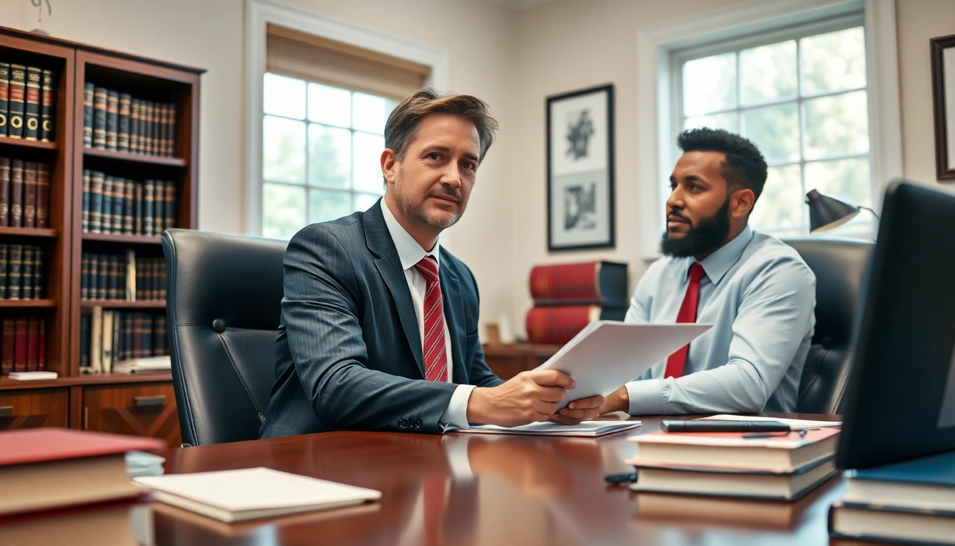 Asheville criminal defense lawyer consulting with a client in a professional office.