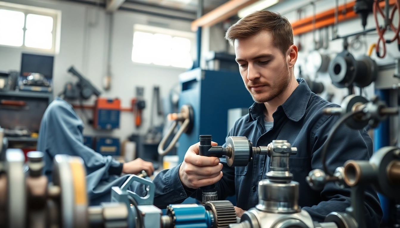 Technician engaged in hydraulic repair services with precision in a workshop.