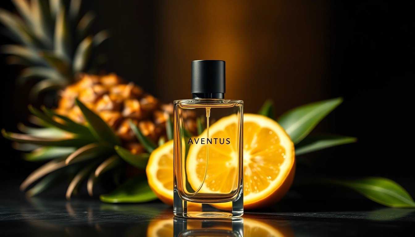 Aventus fragrance bottle elegantly displayed with vibrant fruits and luxurious decor.