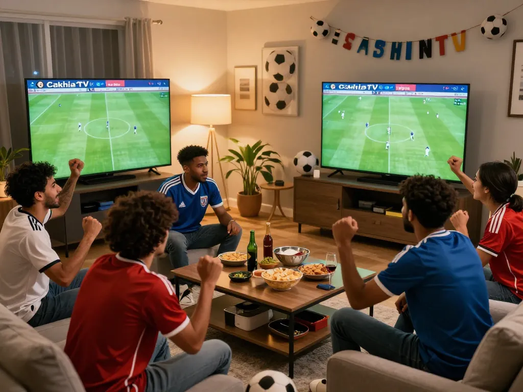 Cakhiatv live soccer match experience with friends in a lively living room setting.