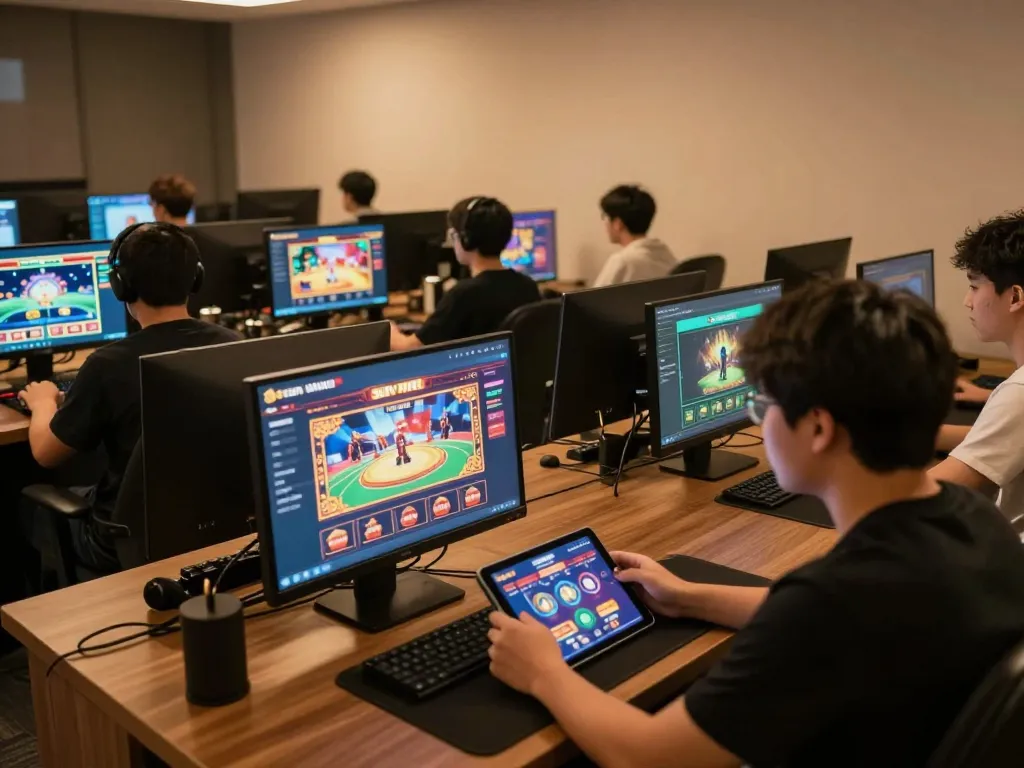Players enjoying various games on the sunwin platform in a lively online gaming setup