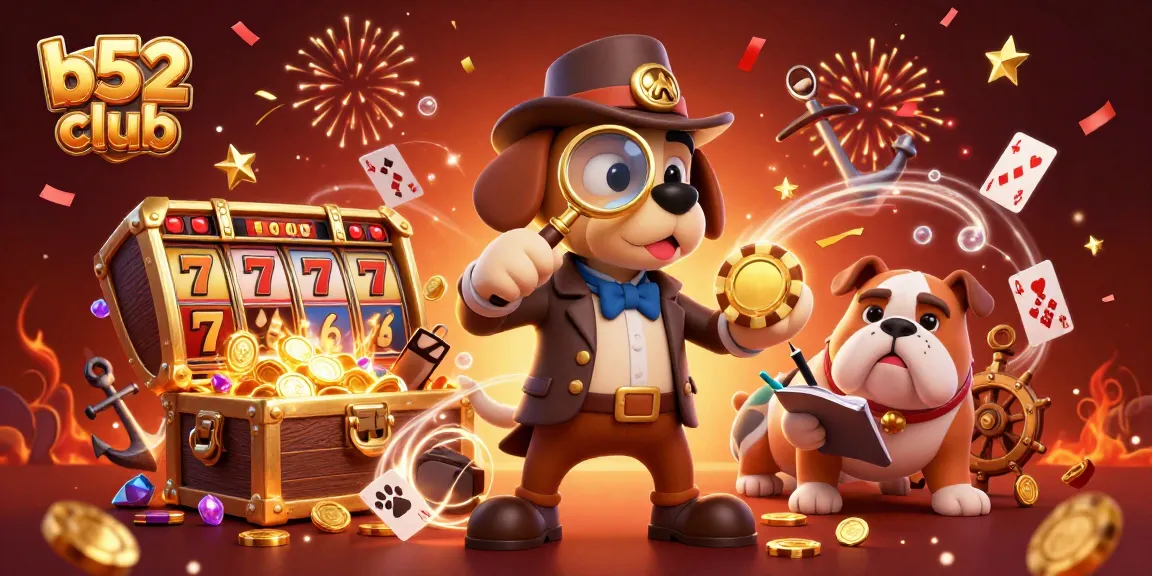 B52 club illustration depicting a detective and his bulldog companion uncovering treasures amid vibrant casino elements.