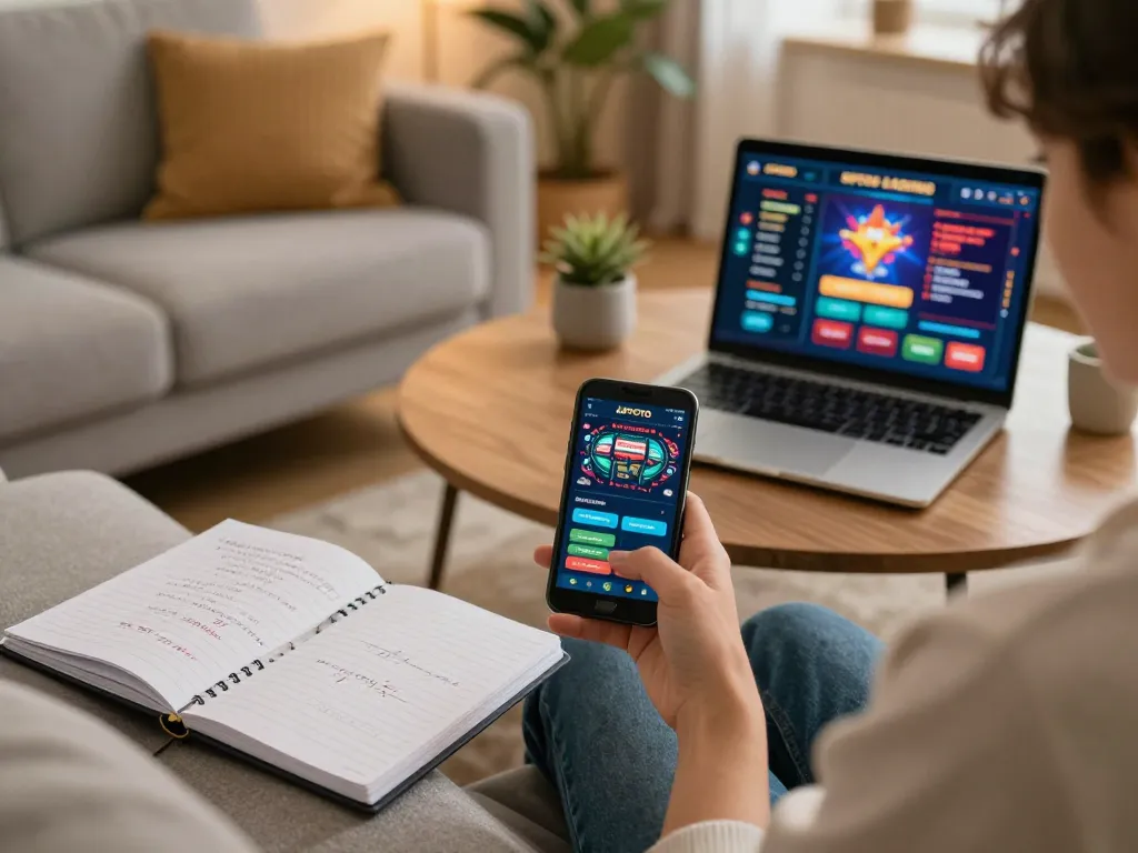 Player engaging with the JPTOTO app on a smartphone, showcasing strategic betting in a cozy home setting