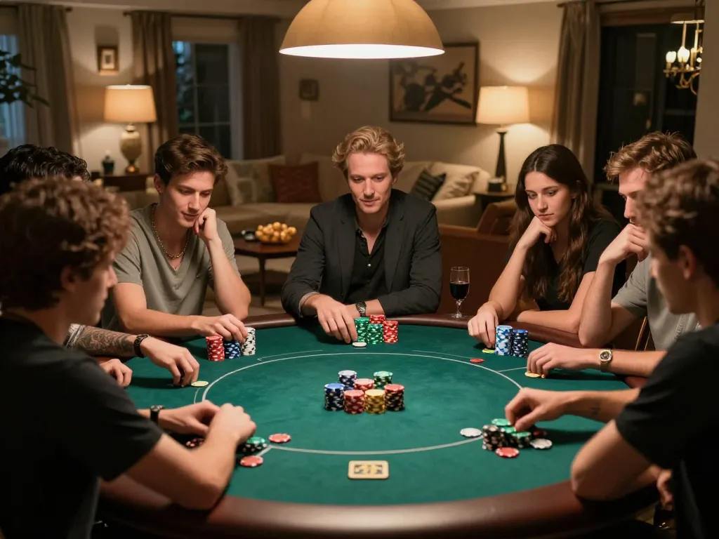 uu88 players engage in a lively poker game at home, chips and cards in use.