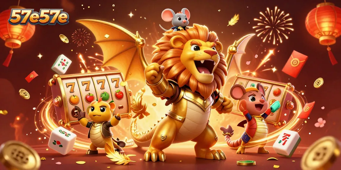Ilustração de cassino 3D com a criatura quimérica da 57e57e em cena vibrante com símbolos de jogos