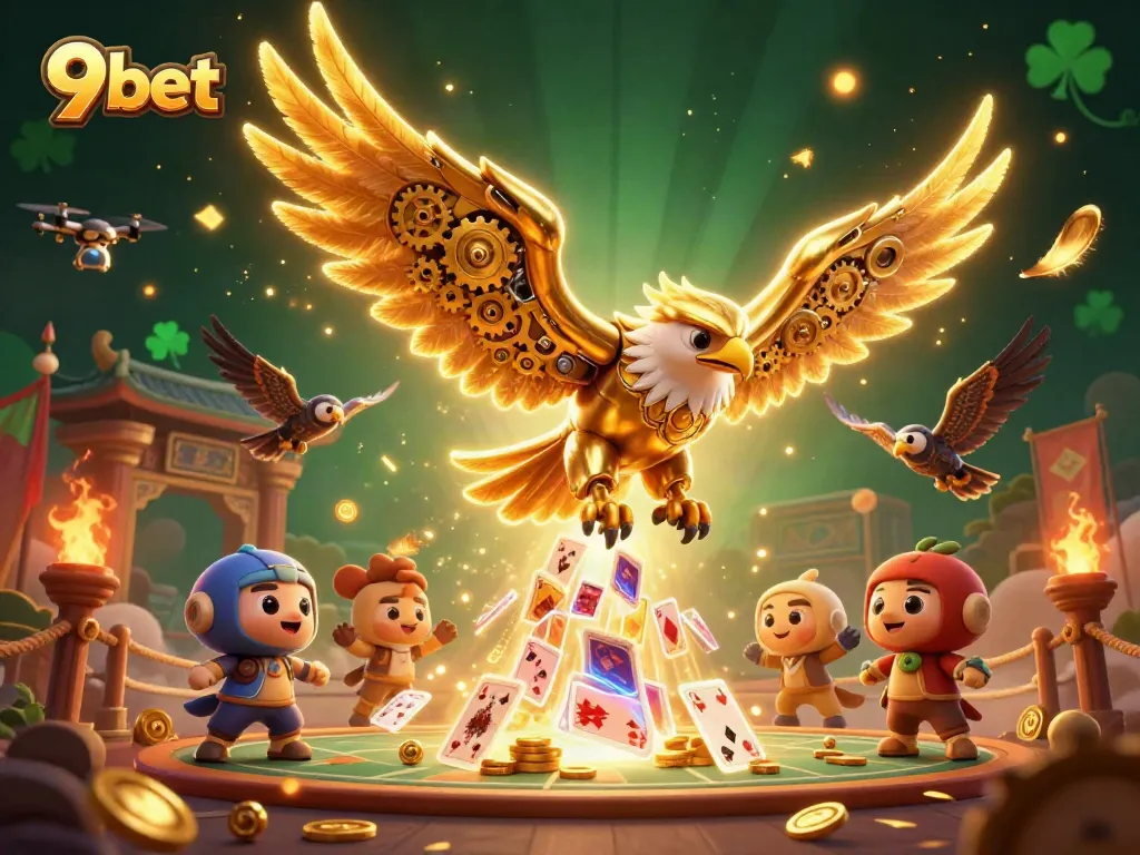 Experience thrilling 9bet action with a golden eagle flying through holographic cards, showcasing excitement and adventure.