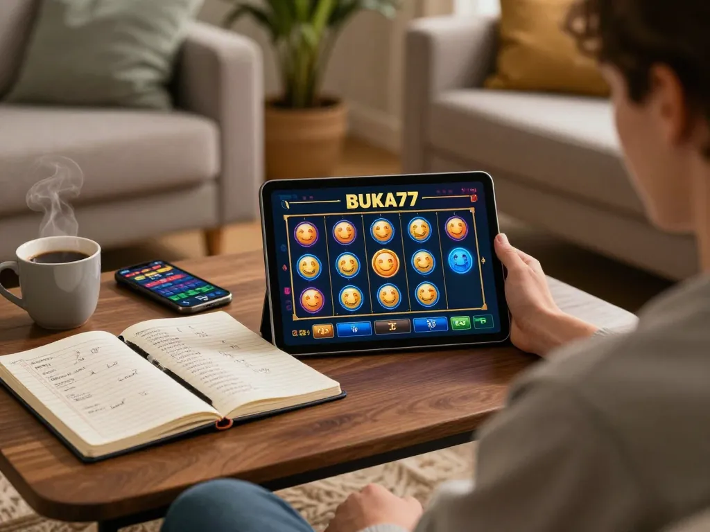 Engaging gameplay on BUKA77 slot displayed on tablet, cozy home setting fostering responsible gambling.