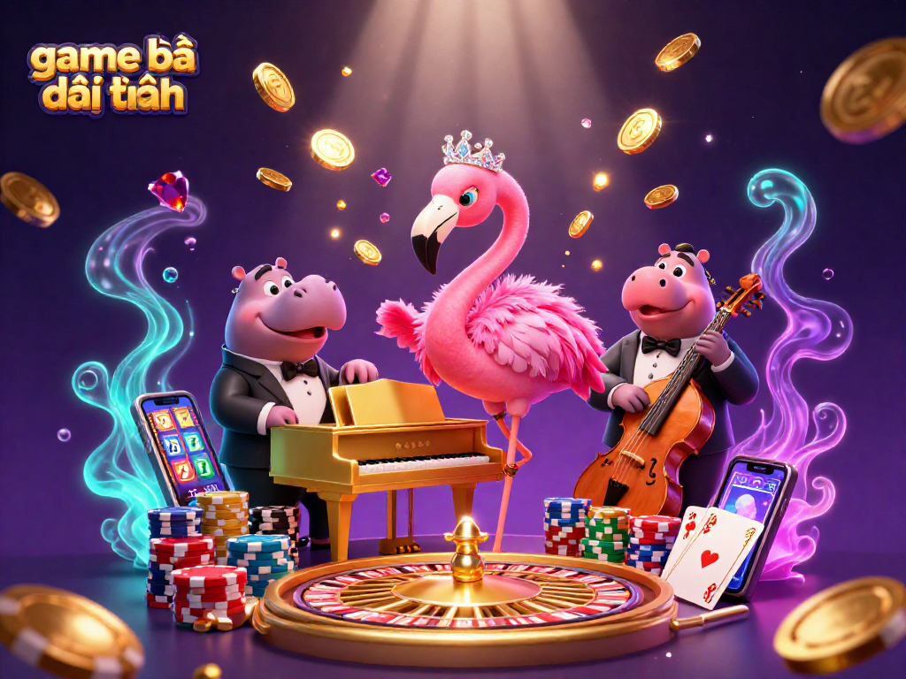 Engage with game bài đổi thưởng as a flamboyant flamingo serenades at a vibrant casino scene.