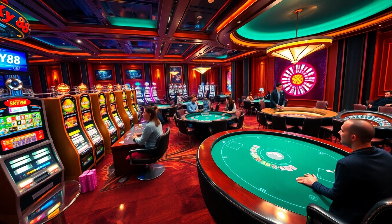 Experience excitement at SKY88 casino with thrilling games, vibrant slot machines, and luxurious decor.