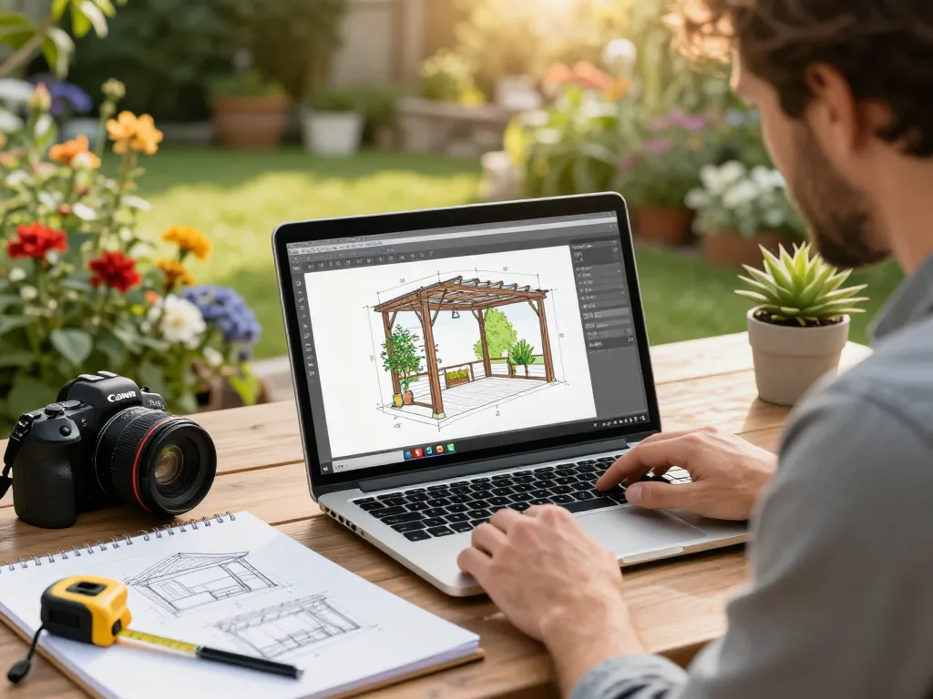 Designer using pergola configurator software in a garden to create custom outdoor designs.