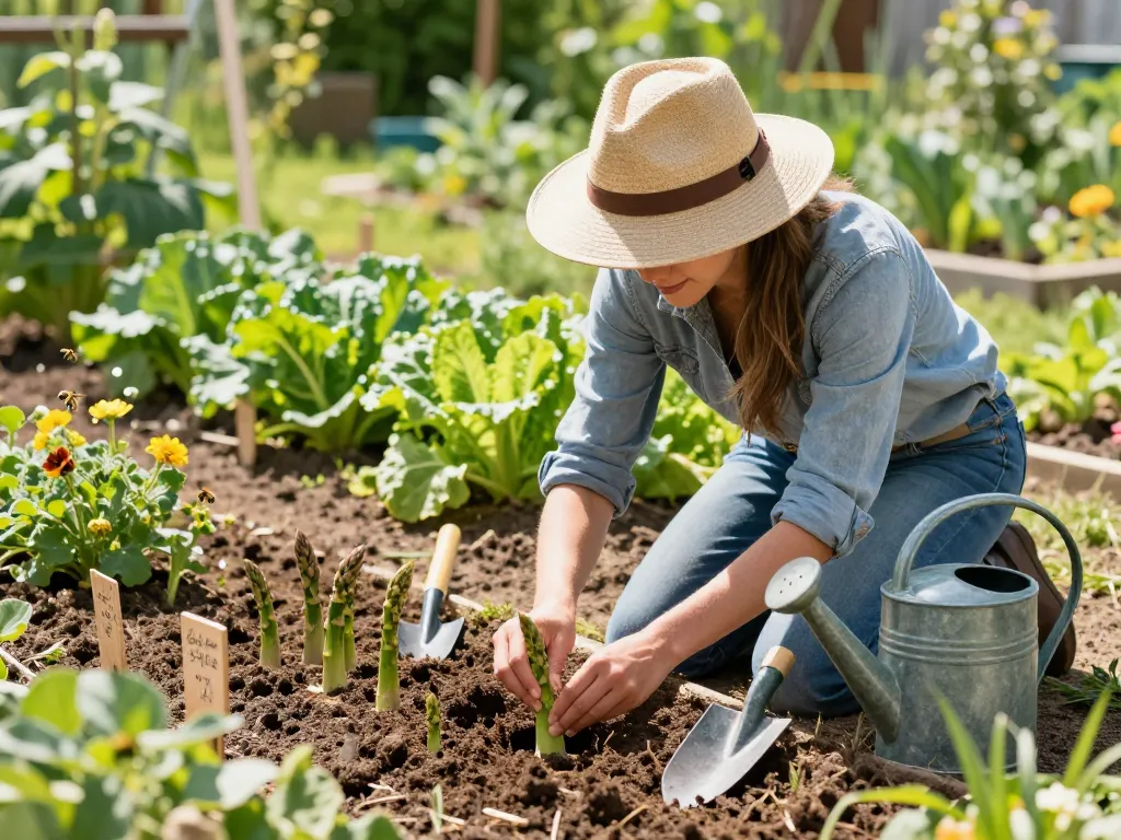 Planting groene asperges zaaien in a vibrant garden, with tools and sunlight enhancing the scene.