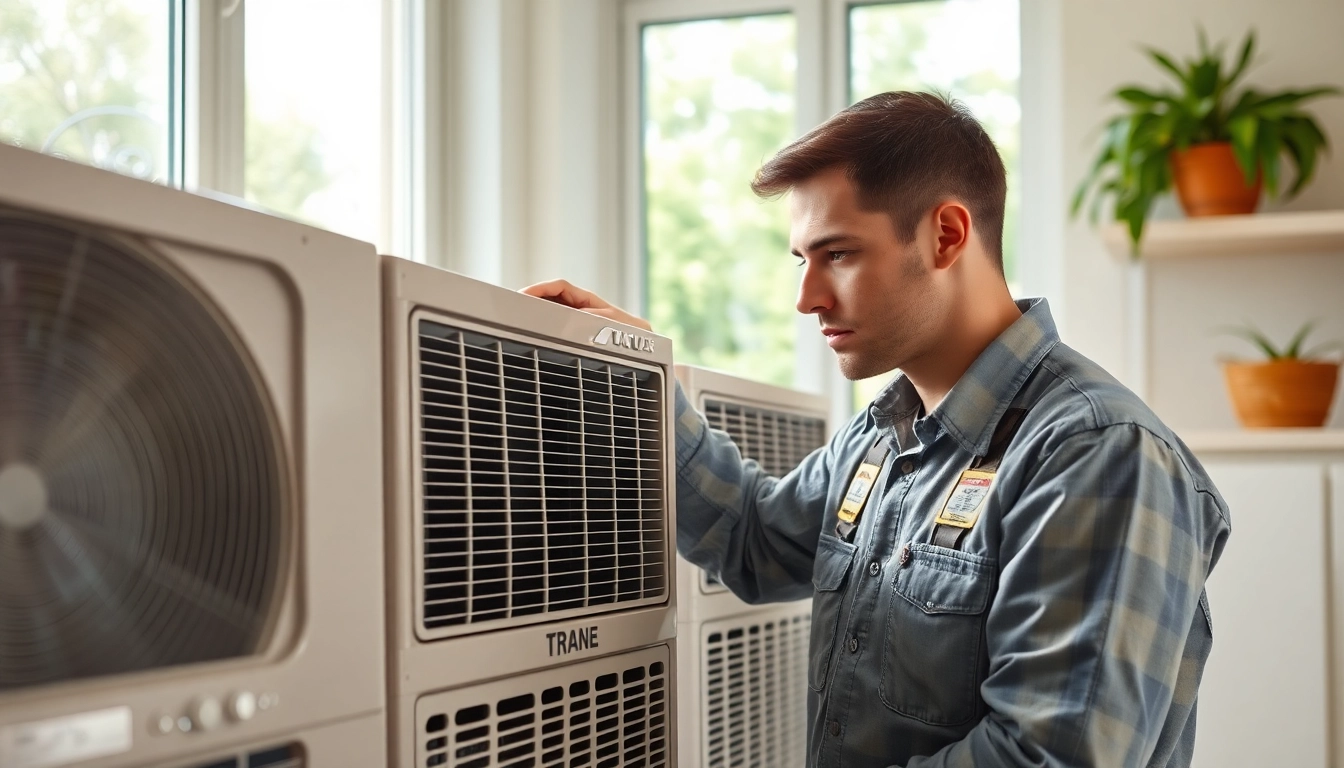 Technician servicing a Trane Alberta air conditioning unit in a bright home environment.