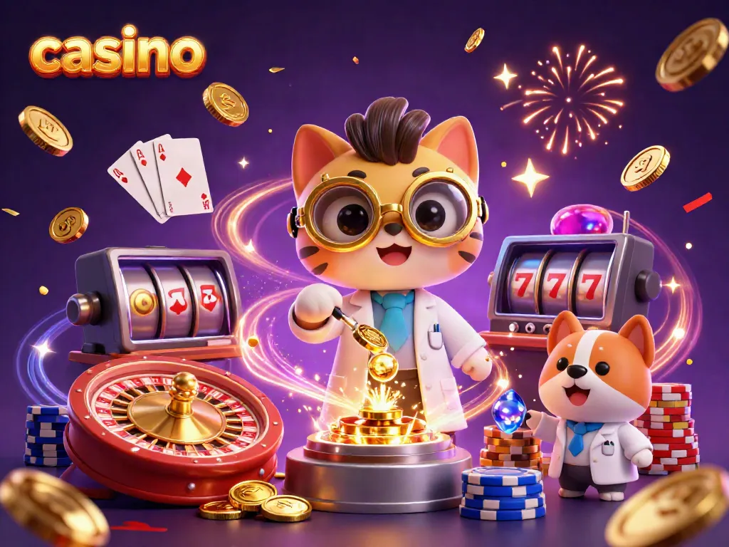 Experience thrilling moments in a casino with mad scientist cat and loyal dog, surrounded by golden coins and vibrant casino elements.