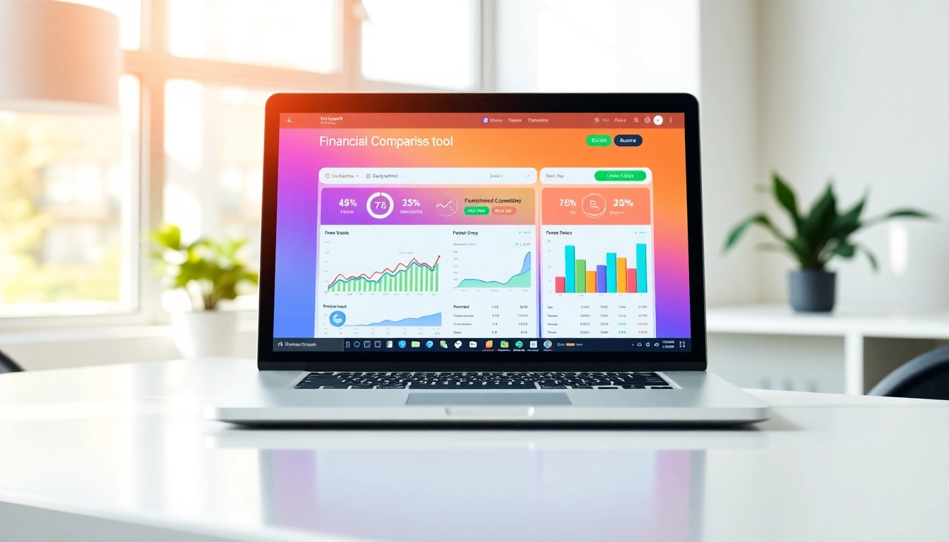 View of a financial comparison tool on https://m.check-rates.com displayed on a sleek laptop in a modern office.