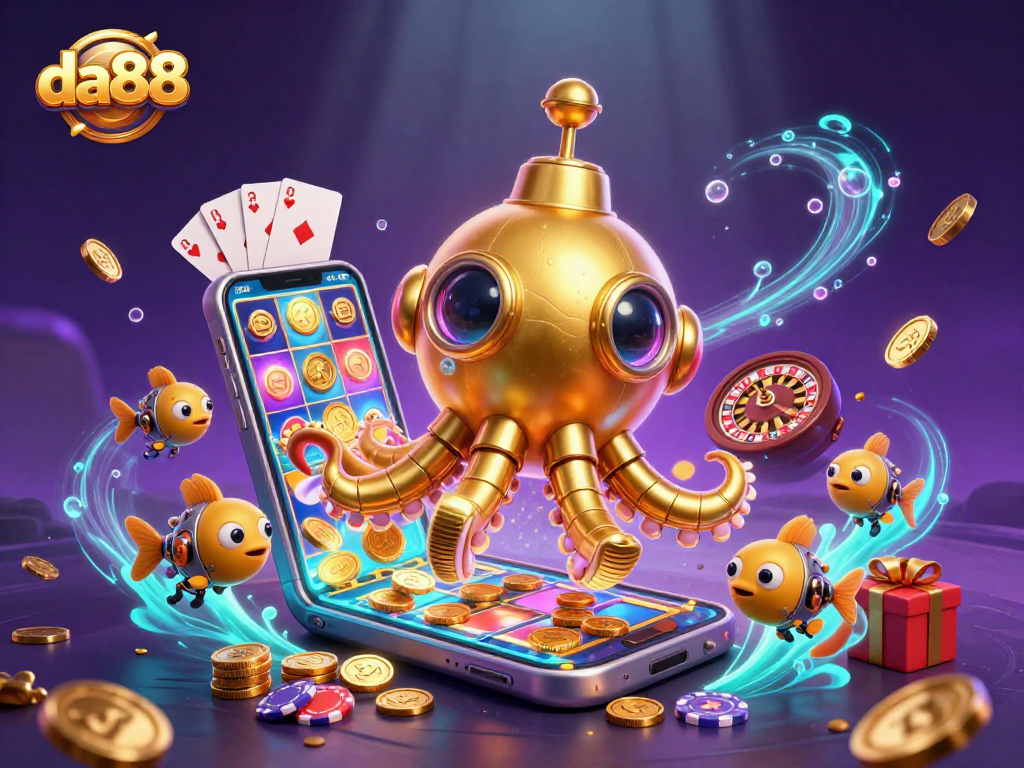 Engage with da88's dynamic 3D casino scene featuring a golden kraken and vibrant slot elements.