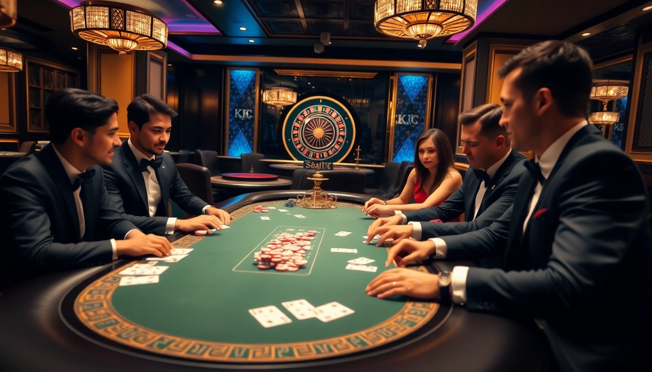KJC-themed high-stakes poker game scene featuring players, chips, and a roulette wheel.