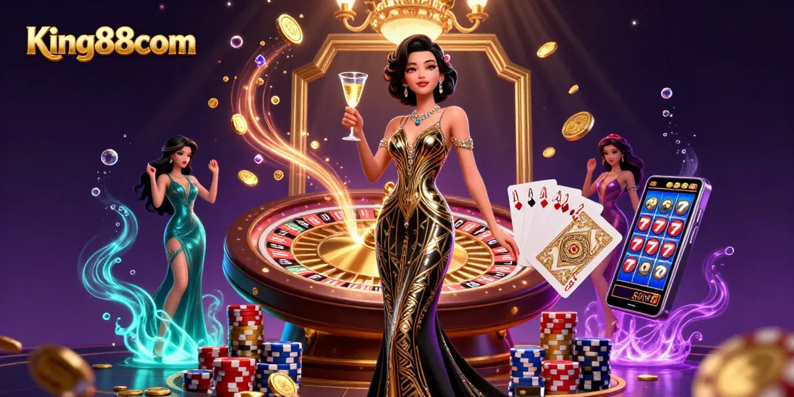 Engage with King88com in a vibrant casino scene filled with glamour, golden coins, and classic games.