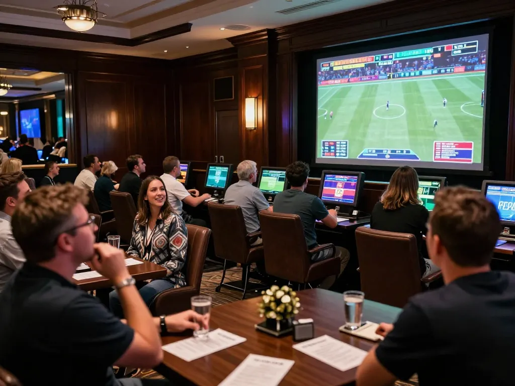 SHBET sports fans placing bets in a lively betting lounge atmosphere.