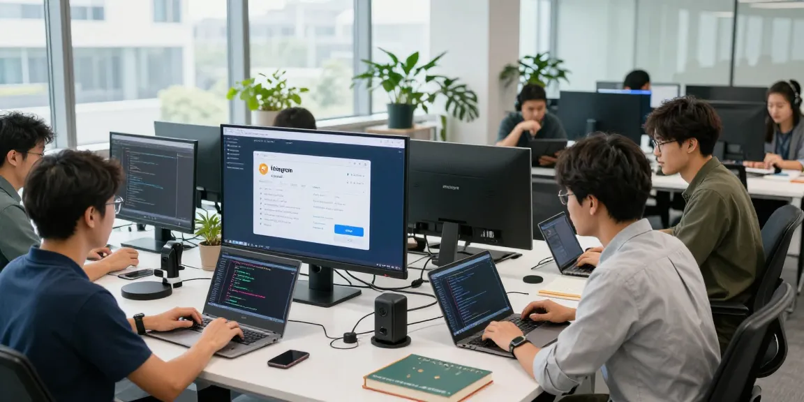 Developers collaborating on Telegram China install in a vibrant tech office.