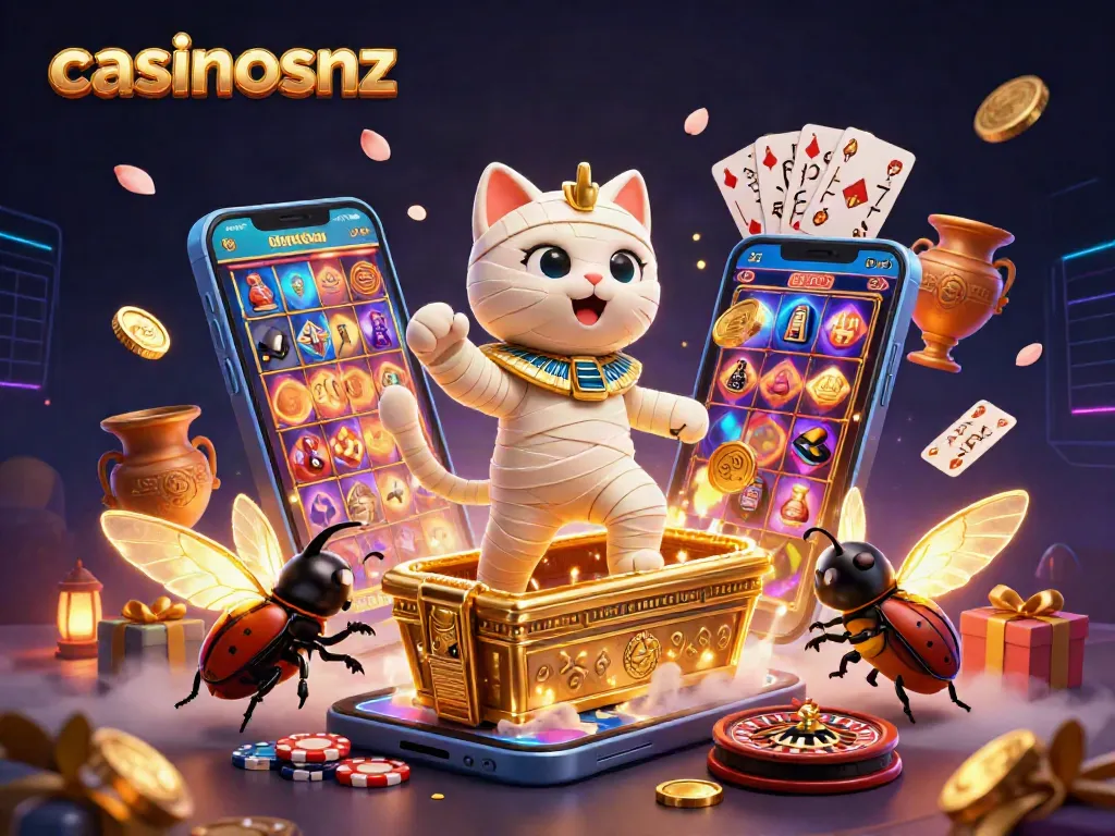 Join the excitement of casinosnz with the mummy cat and scarab beetle in a vibrant 3D casino scene.