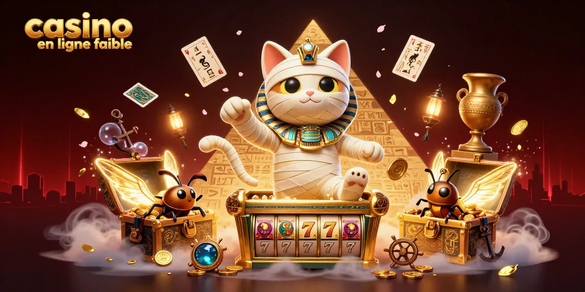 Ce casino en ligne fiable présente un chat momie égyptien émergeant d'un sarcophage avec des éléments de jeu colorés et dynamiques.
