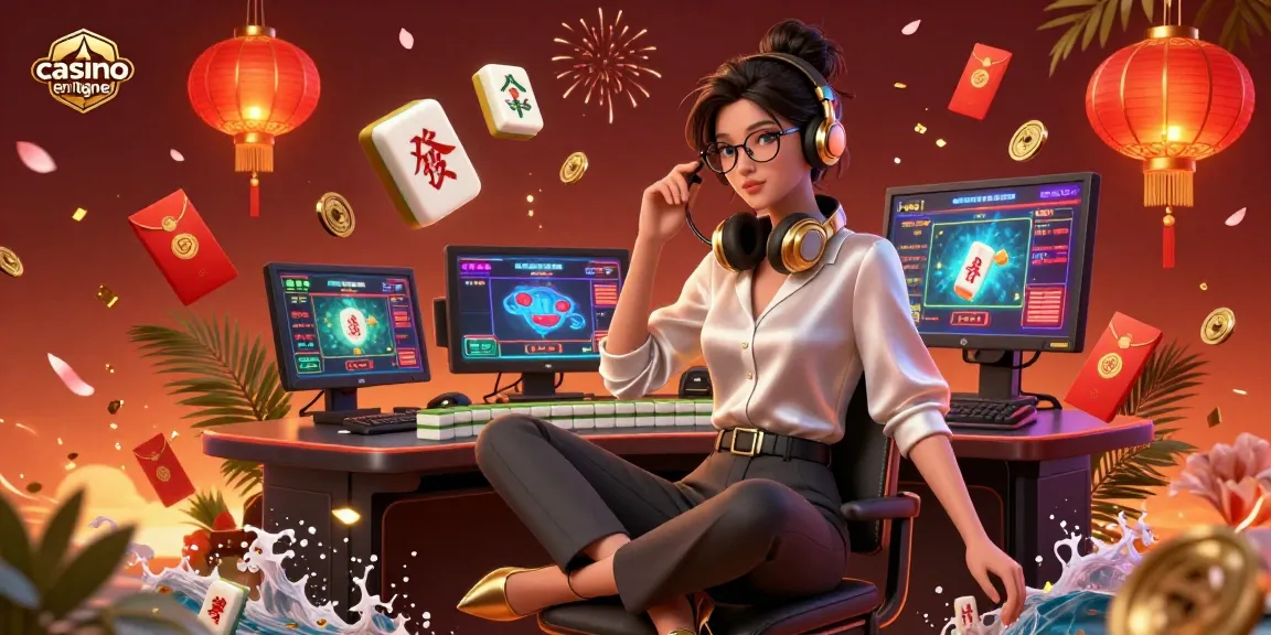 Découvrez une expérience immersive de jeux de casino en ligne avec une femme asiatique élégante dans un cadre de jeu high-tech.