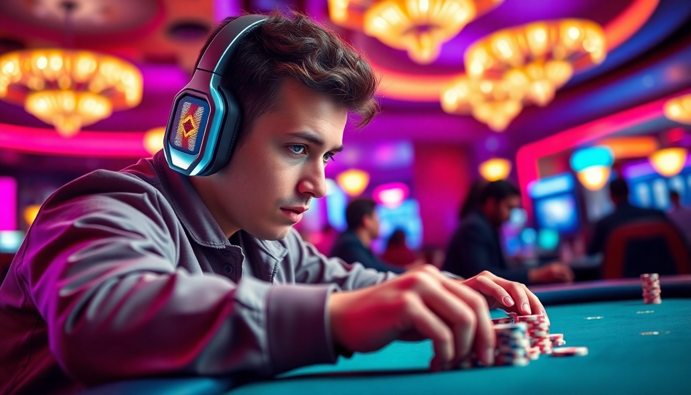 Engaged player at https://duel-rewards.com enjoying a thrilling casino game in a vibrant setting.