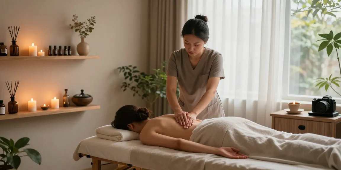 마사지 치료를 받는 모습과 힐링 공간의 아늑한 분위기.
