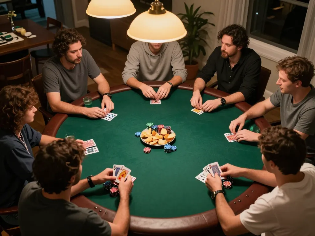 Players enjoying a home poker night with exciting card gameplay, featuring สล็อตวอเลท elements.