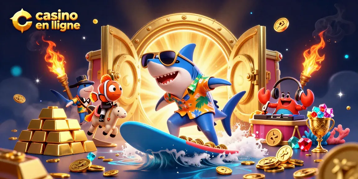 Jouez dans un casino en ligne et savourez l'aventure avec un requin marteau sur une vague de pièces d'or.