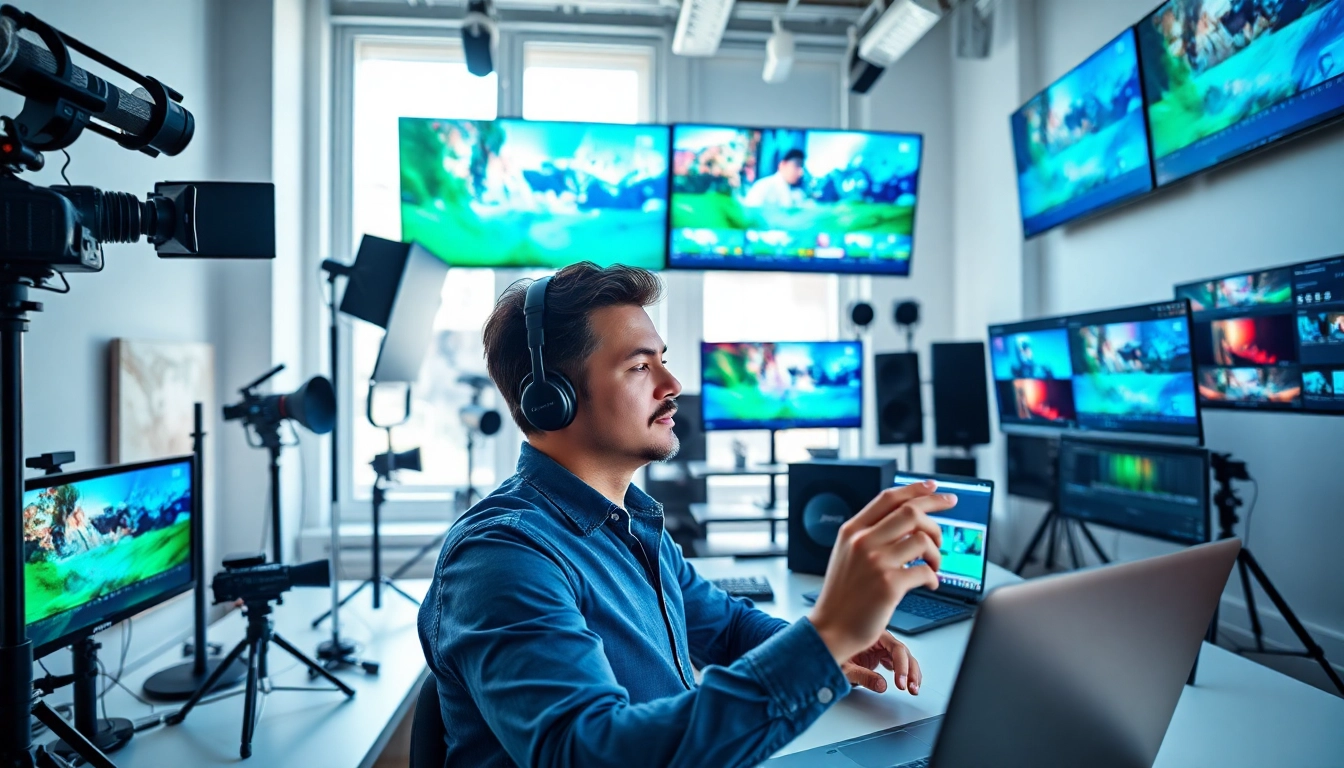 Professional video editors engaged in an editing session with advanced tools in a vibrant studio.