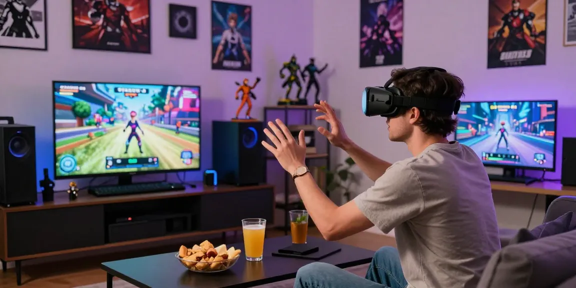 Engaging Status AI gaming scene with player interacting with virtual characters.