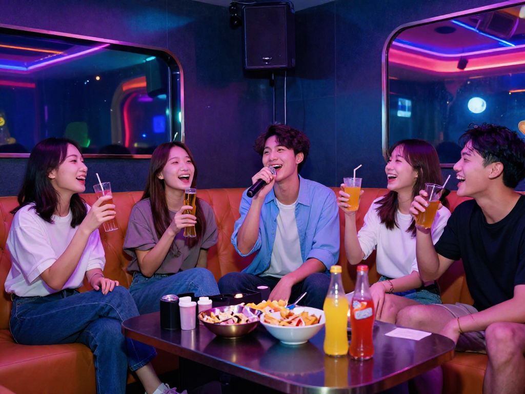 디저트 가라오케에서 친구들과 함께 즐거운 시간을 보내는 모습, 밝고 활기찬 조명으로 생동감 있는 분위기.