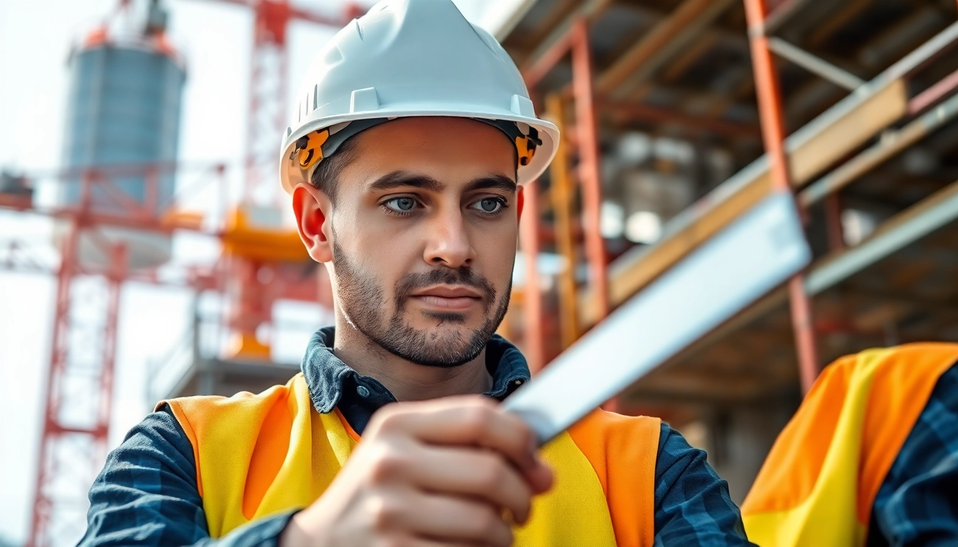 Construction apprenticeship in action at a busy construction site with an engaged apprentice.