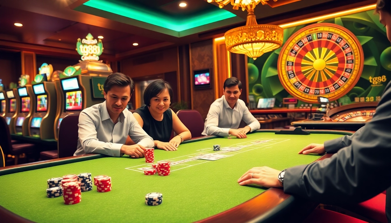 Engaging players enjoying high-stakes poker at tg88 casino with thrilling atmosphere and luxury.